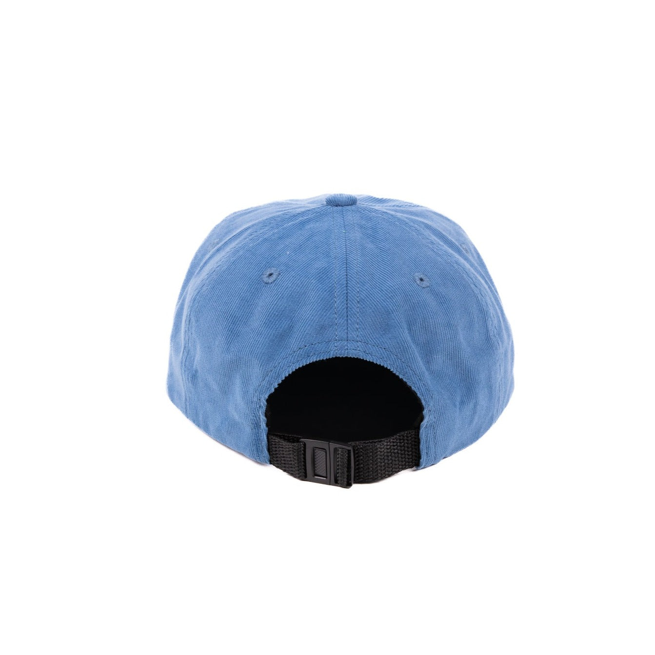 Back of blue corduroy hat, black adjustable strap. 