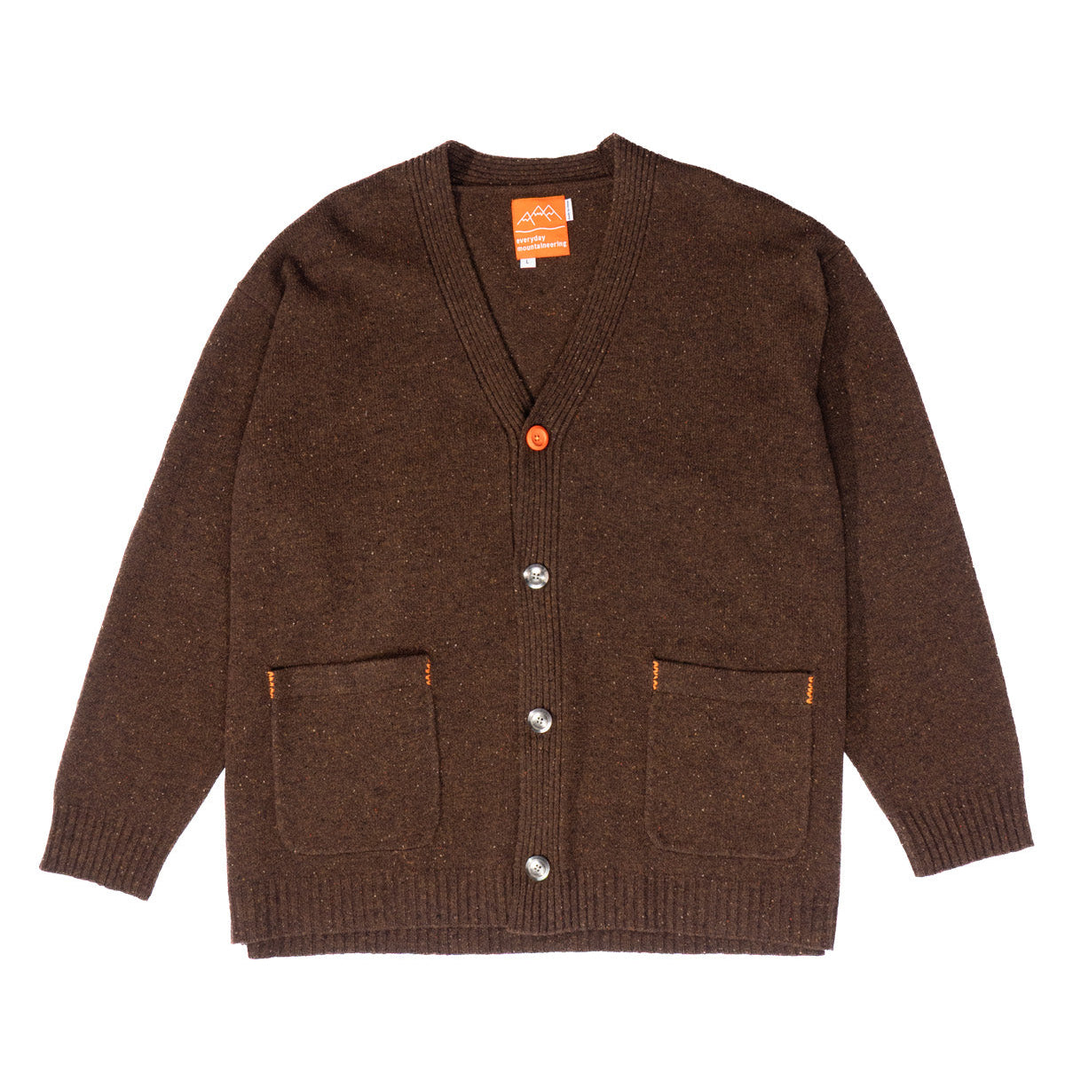 Brown cardigan with button details on a white background