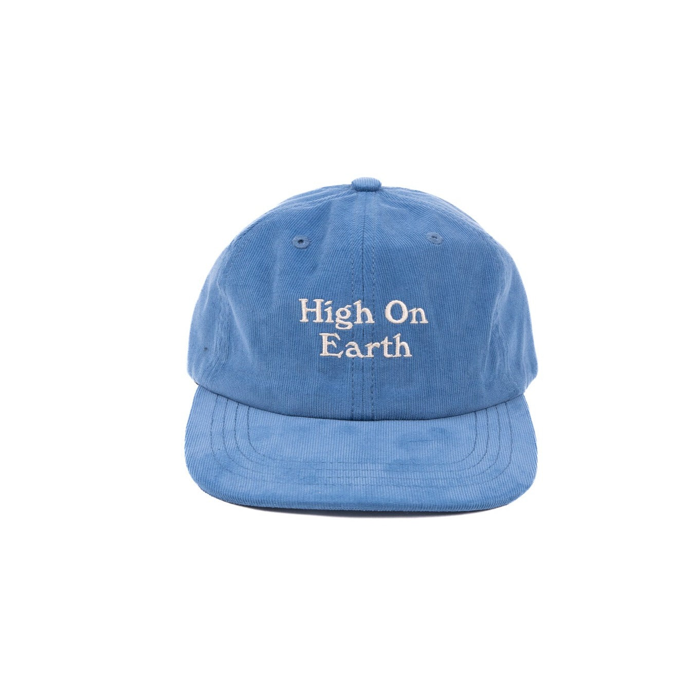 Blue corduroy hat that says "High On Earth" in white font